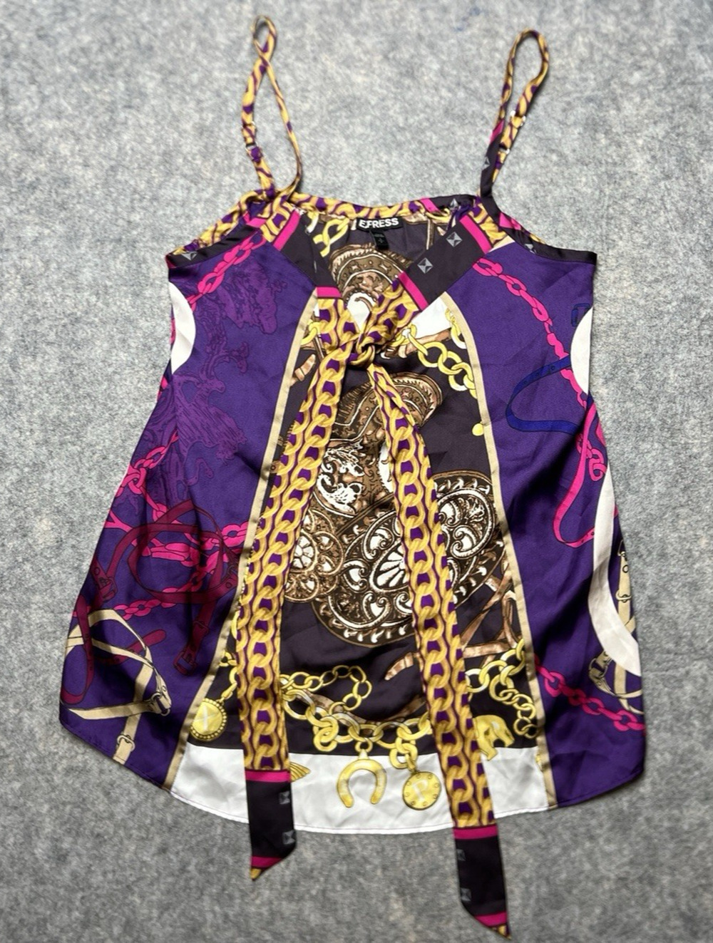 Express Women’s Top Sleeveless Camisole Blouse Purple Gold Versace Look Size S